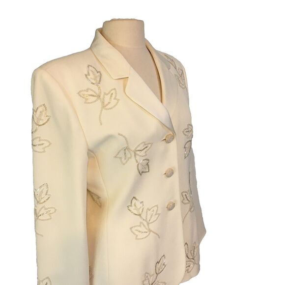Albert Nipon Evening White Ivory Beaded Skirt Suit, Blazer, Leaves, 38‎ Chest, M - Picture 6 of 15